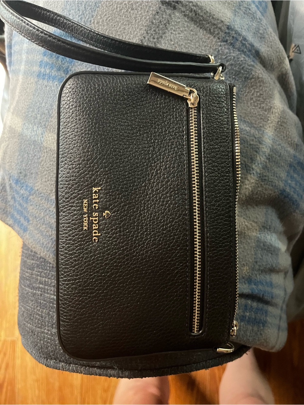 kate spade Black Pebbled Leather Wristlet Crossbody with Gold Hardware